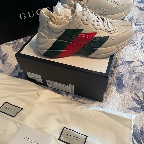 Gucci Mens Rhyton Sneakers White Red Green Stripes Size G 7.5 US 8.5 - Picture 3 of 8